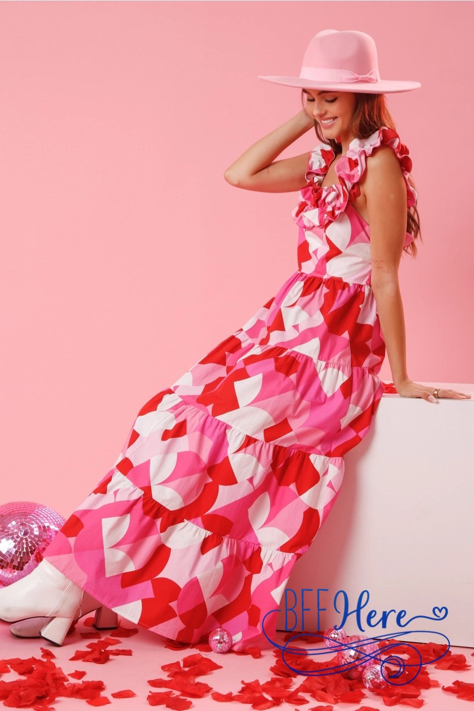 PREORDER: Geometric Grace: Ruffled Geo Print Maxi Dress (Ships End of January) - BFF Here