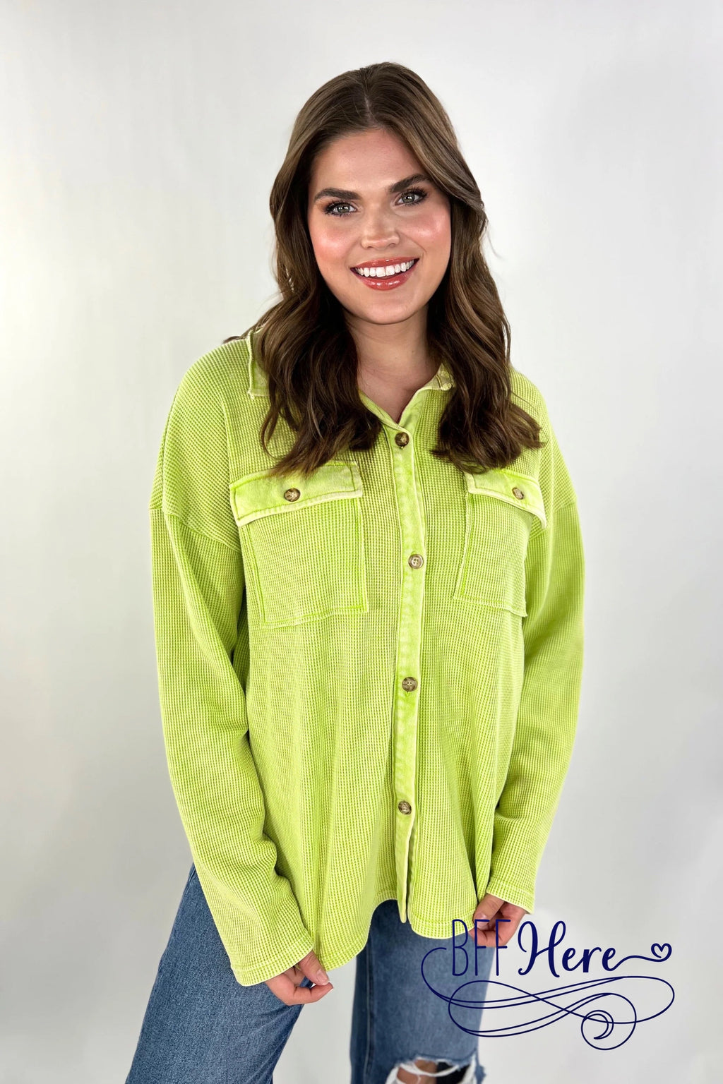 PREORDER-Shelby Waffle Button Up Top / Lime (Ships End of December ) - BFF Here