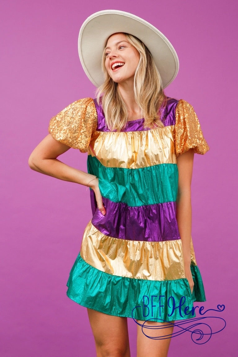 Carnival Glitz: Sequin Sleeve Color Block Dress - BFF Here