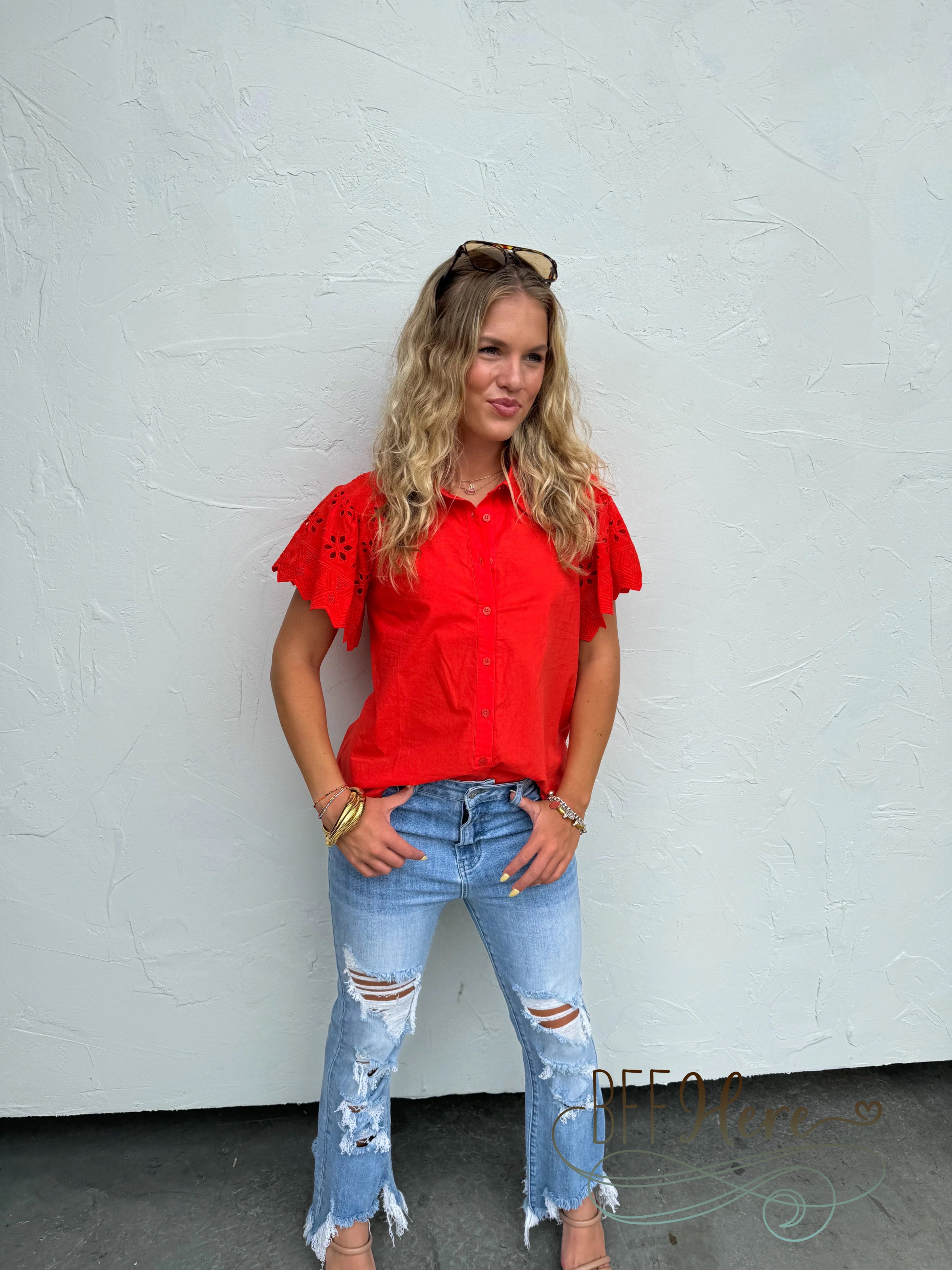 Bright and Beautiful: Red Eyelet Lace Sleeve Button-Up Blouse - BFF Here