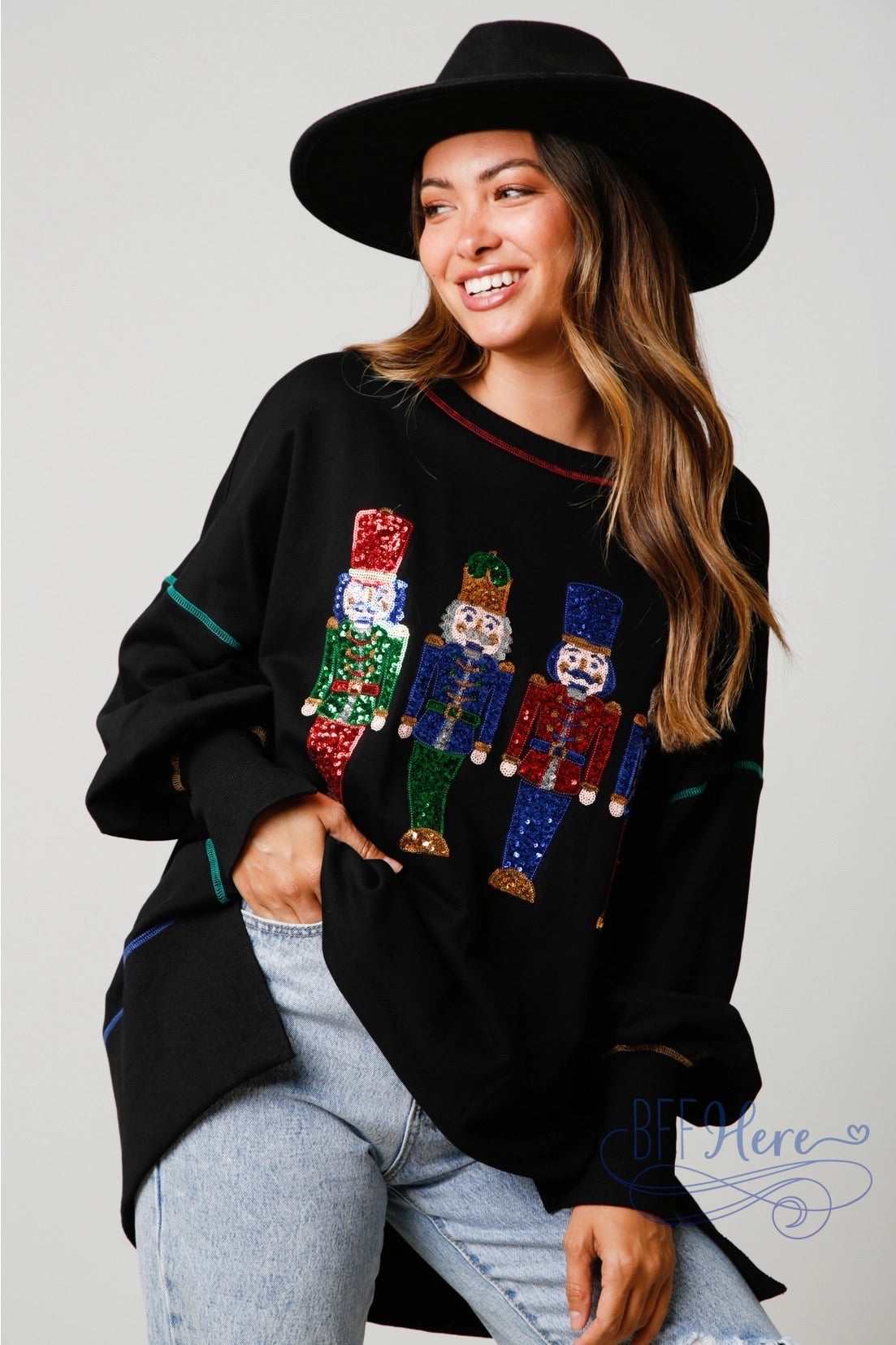 Sparkle in the Spotlight: Nutcracker Sequin Sweatshirt for Holiday Cheer / Choice of Color - BFF Here