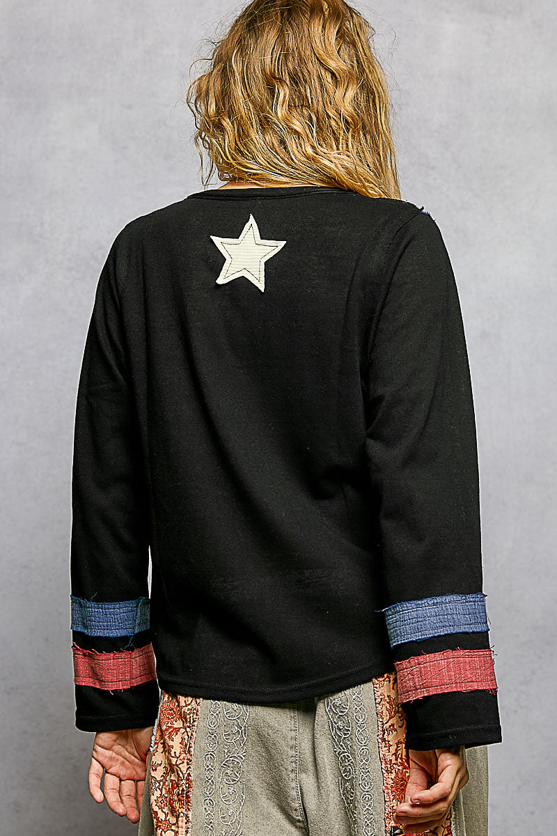 Vintage Washing V-Neck American Flag Patch Long Sleeve Top by POL (Ship time varies) - BFF Here