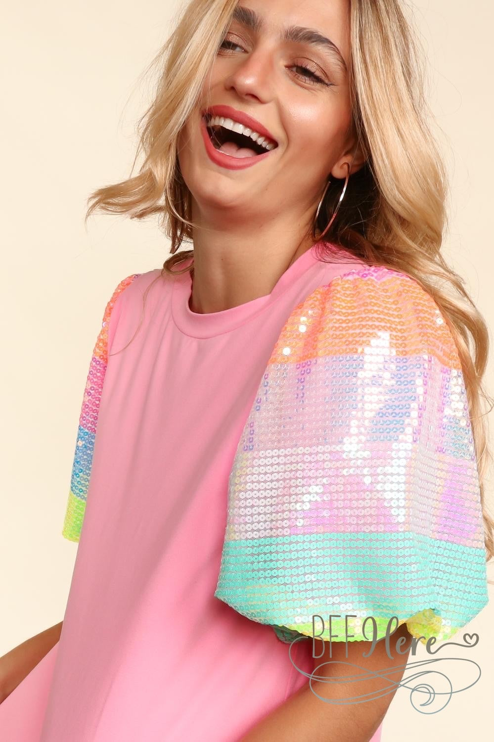 PREORDER: Sparkle Splash: Bubblegum Pink Tee with Sequin Sleeves (Ships Middle of May) - BFF Here