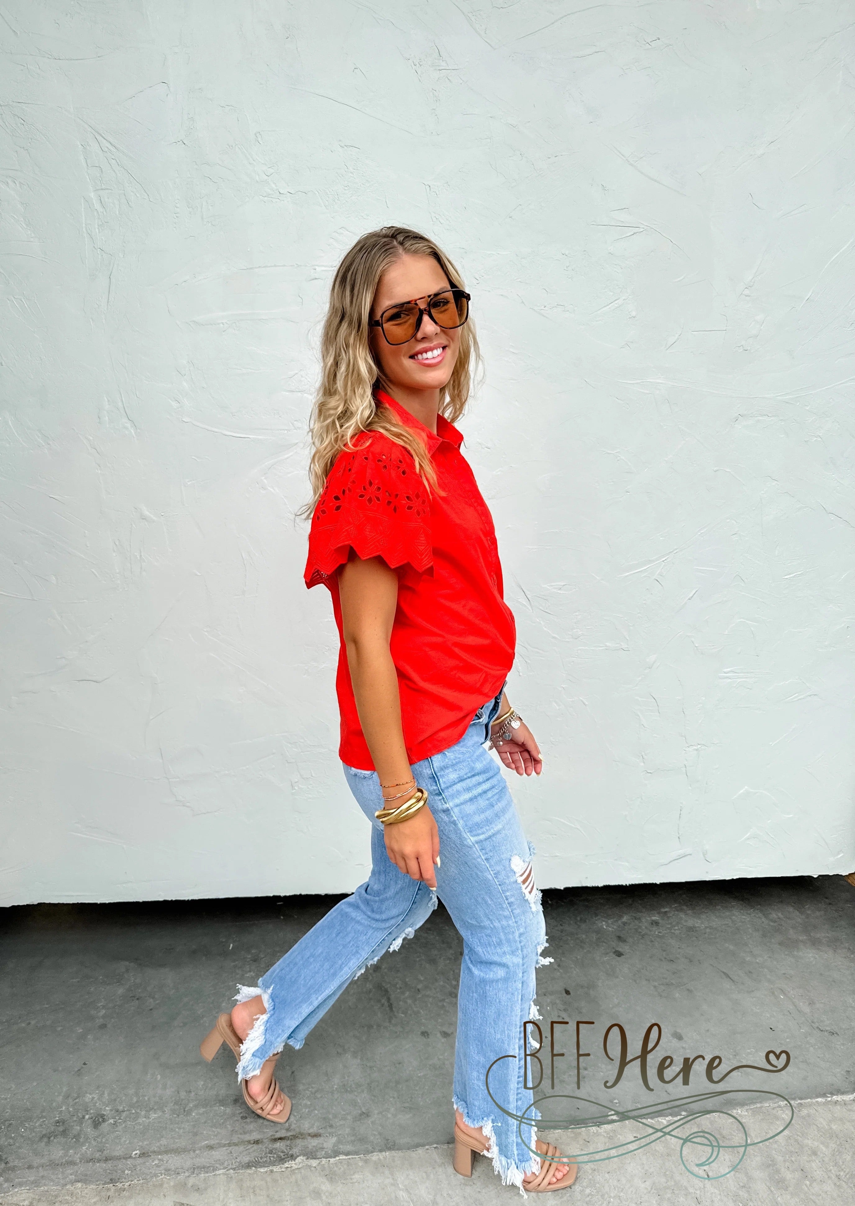 Bright and Beautiful: Red Eyelet Lace Sleeve Button-Up Blouse - BFF Here