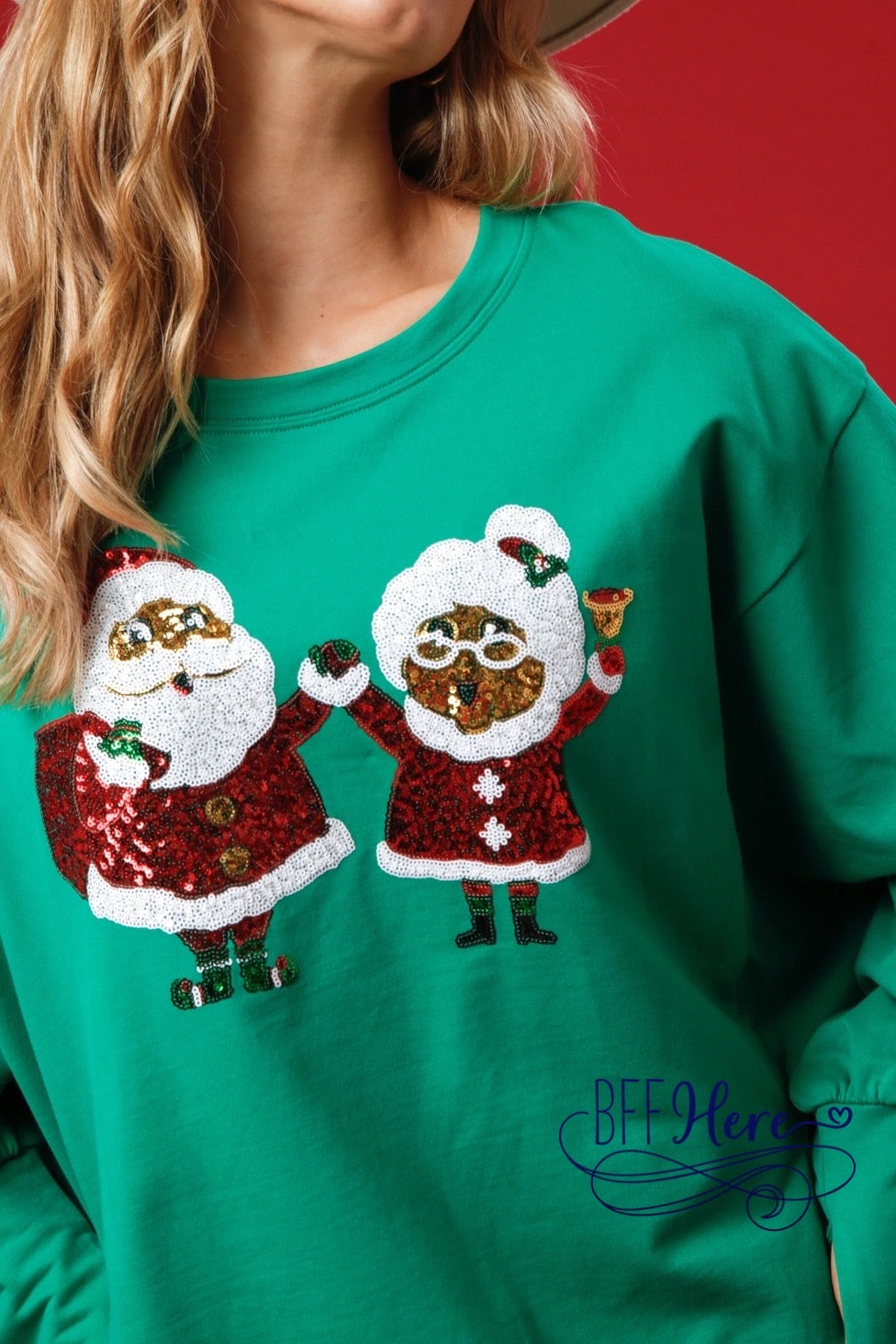 Holiday Charm: Sequined Mr. and Mrs. Claus Sweatshirt - BFF Here