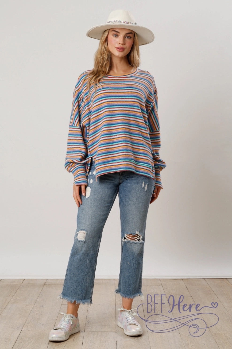 Stripe a Pose: Your Go-To Multi-Brushed Knit Pullover - BFF Here