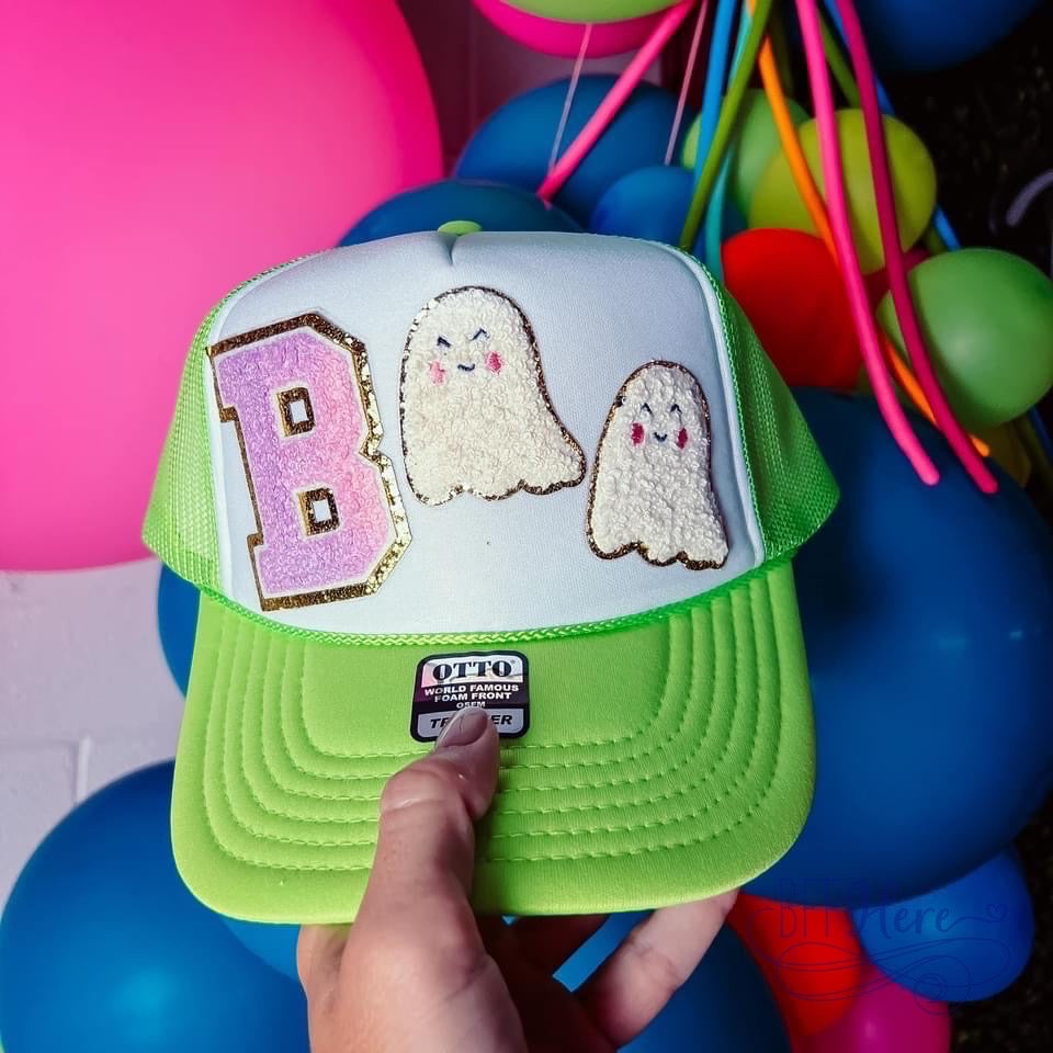 Haunt in Style: Boo Chenille Patch Trucker Hat - BFF Here