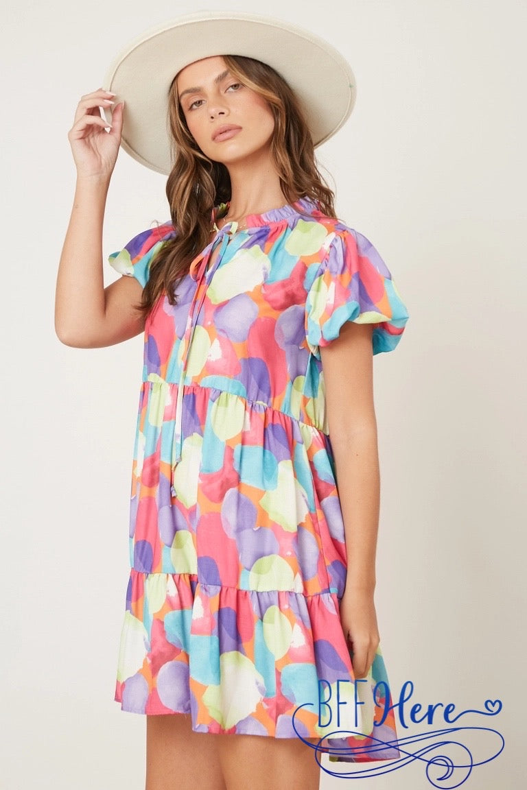 Color Cascade: Multicolor Linen Ruffle Dress - BFF Here