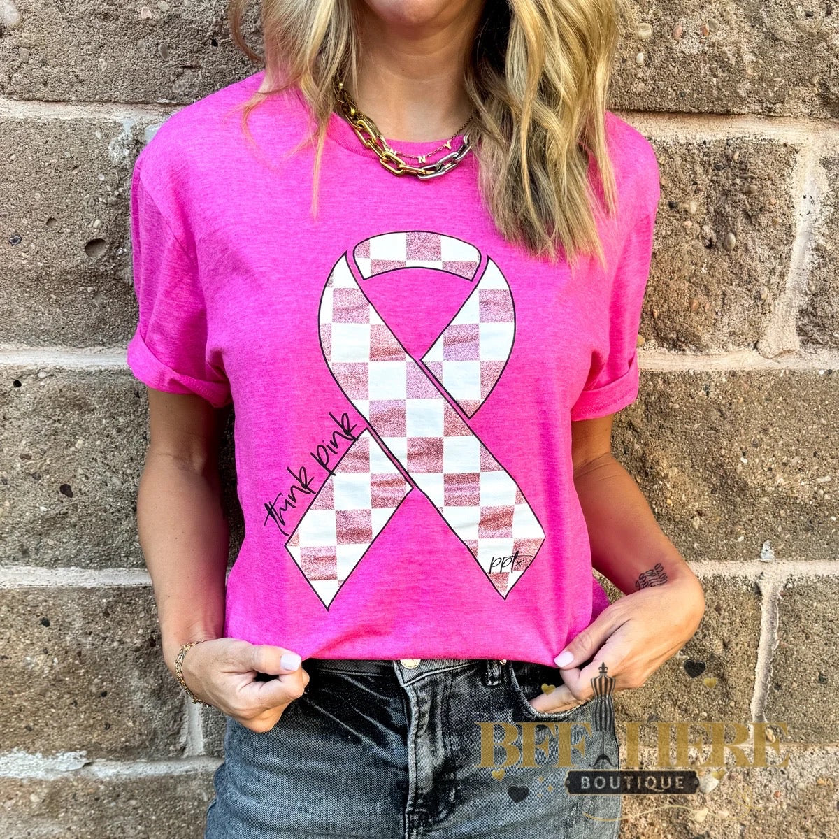 Think Pink Glitter Ribbon Tee