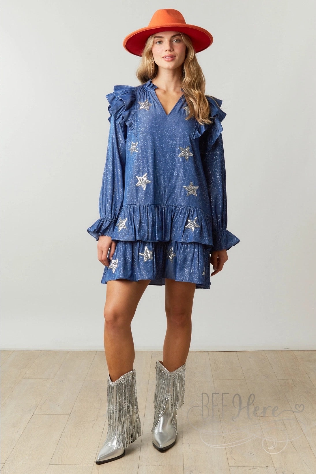 Glistening Starlight Chambray Dress with Delicate Ruffle - BFF Here