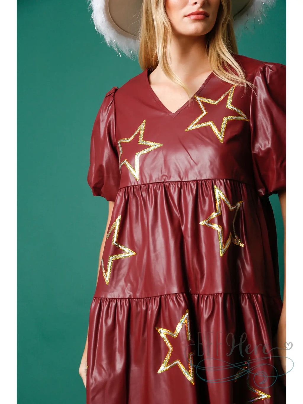 Celestial Chic: Star-Embellished Faux Leather Dress - BFF Here