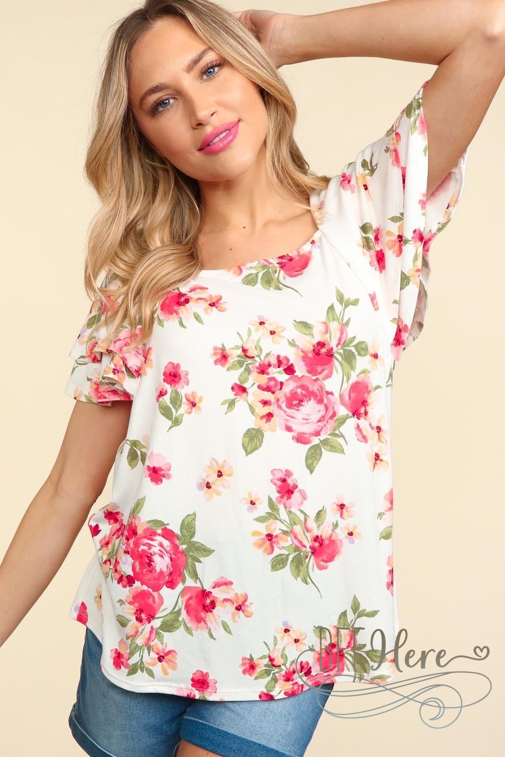 PREORDER: Rose Garden Whisper: Floral Draped Flutter Top (Ships End of May) - BFF Here