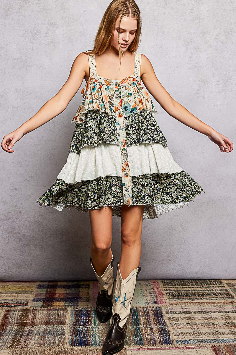 Boho Eyelet Patch Ruffle Floral Print Mini Dress by POL (Ships 2-3 weeks) - BFF Here