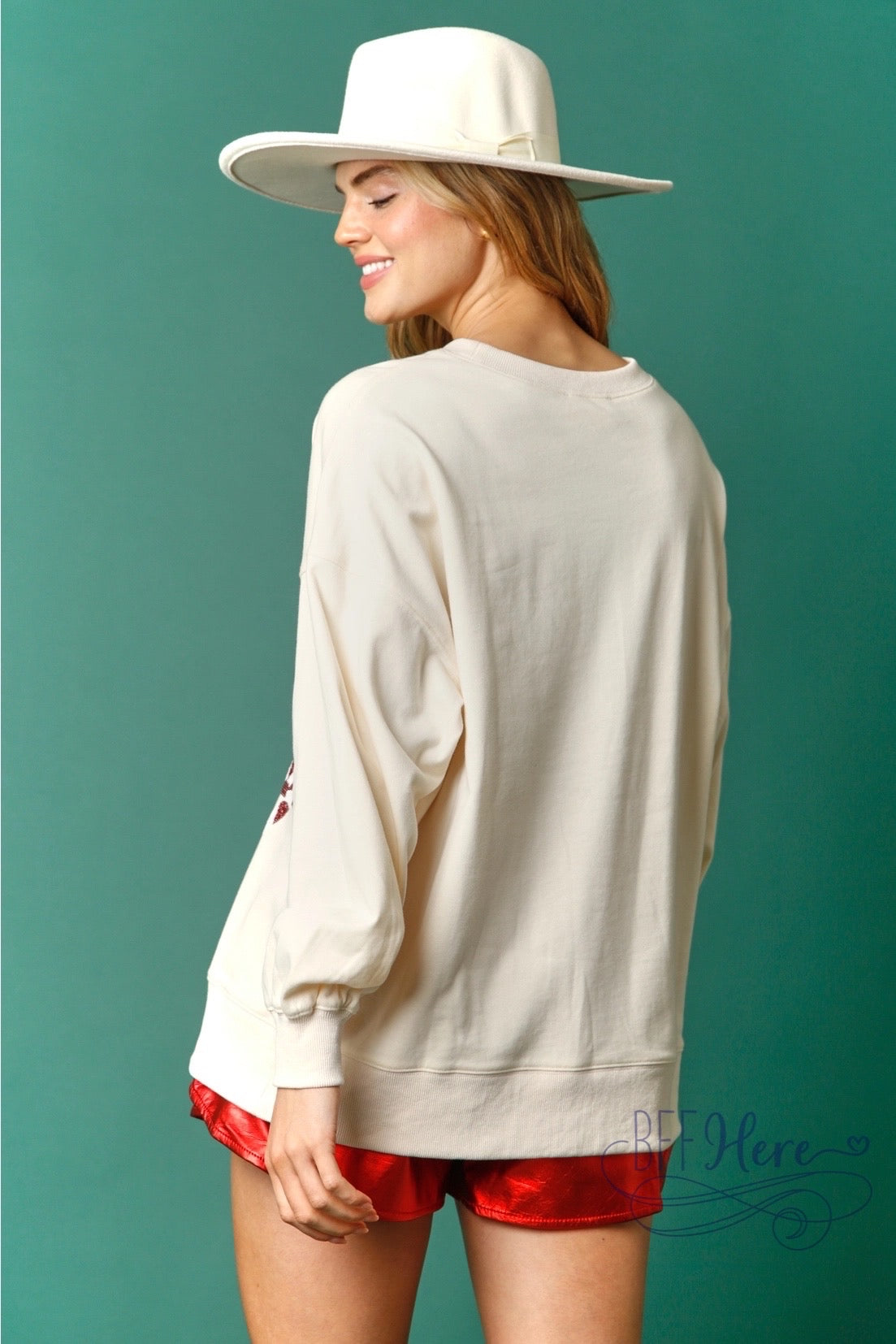 Sips & Stripes: Candy Cane and Holiday Drink Sequin Sweatshirt (Cream Ships Beginning Of November) - BFF Here