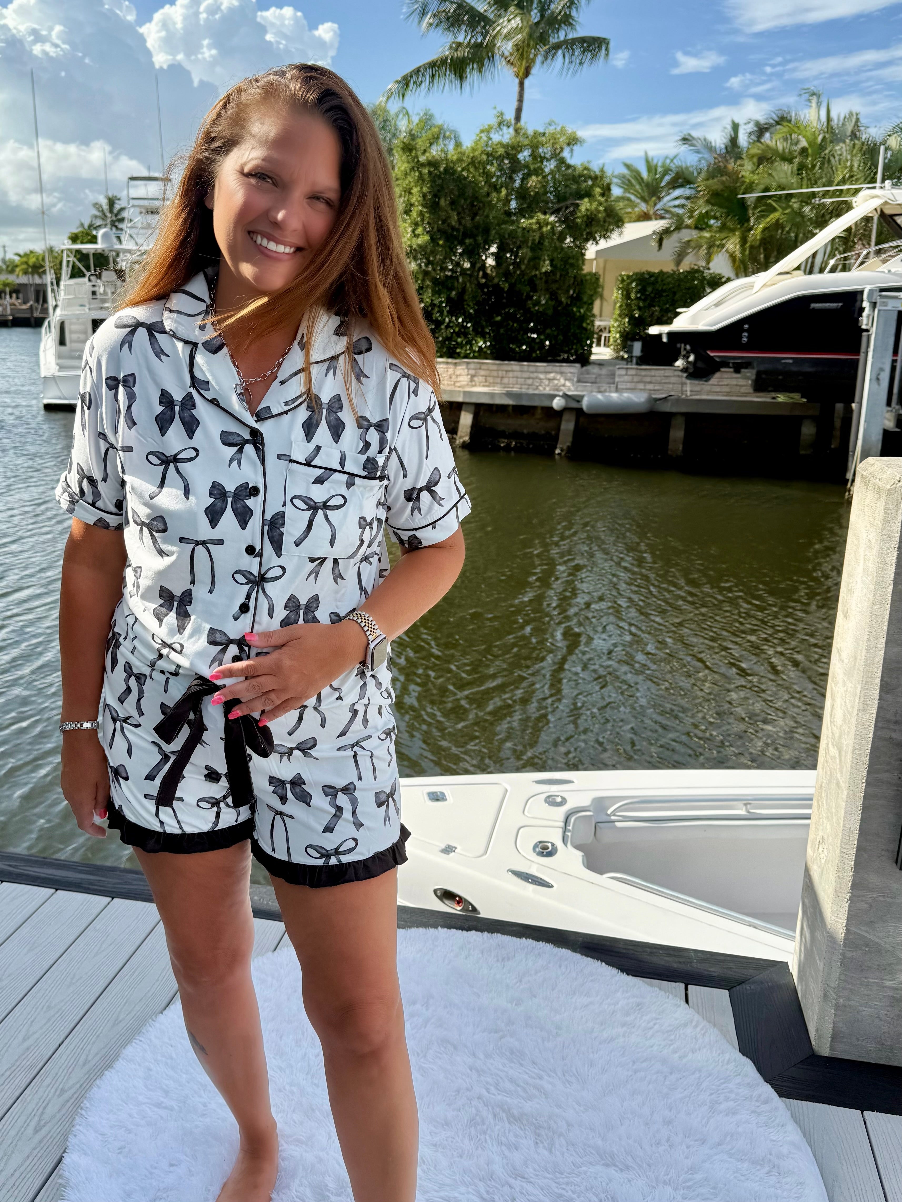 Midnight Bow Short Sleeve Ruffle Pajama Set by Jess Lea - BFF Here
