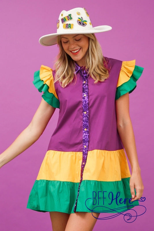 Mardi Gras Magic: Color Block Dress with Ruffle Sleeves - BFF Here