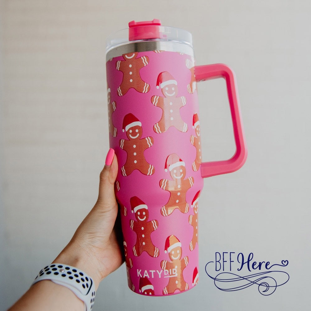 Santas and Sweets: Gingerbread Men with Santa Hats Tumbler Cup - BFF Here