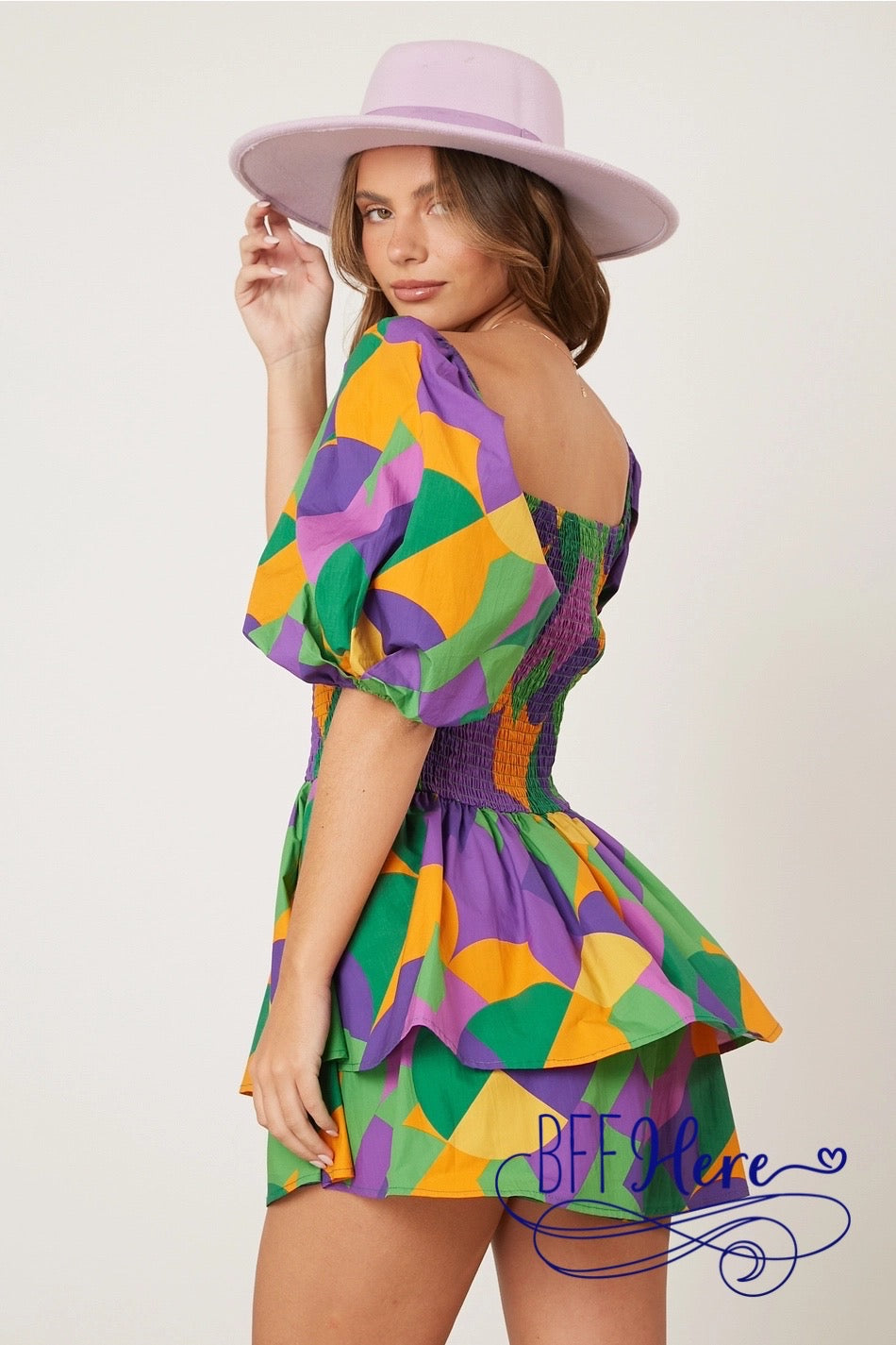 PREORDER: Festive Geometry: Mardi Gras Geo Print Smocked Romper (Ships Middle of January ) - BFF Here