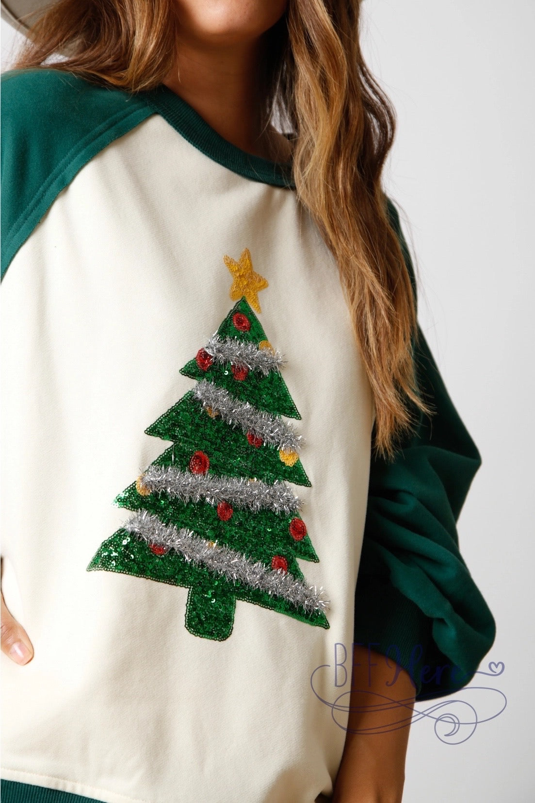 Yuletide Glam: Color Block Sequin Christmas Tree Sweatshirt - BFF Here