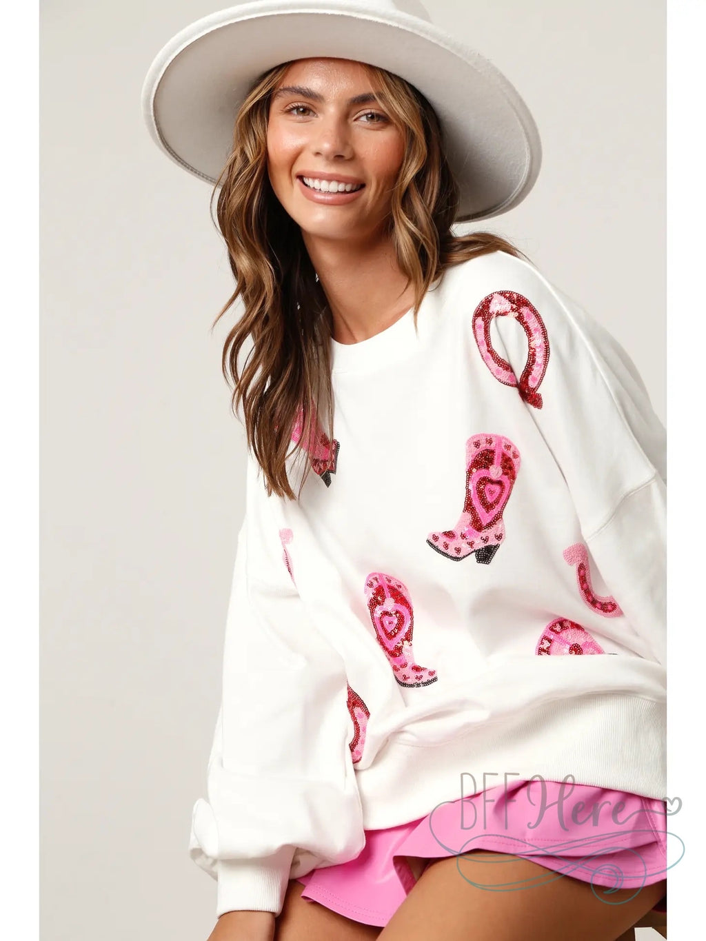 Glamour on the Range: Sequin-Adorned Boots and Horseshoes Sweatshirt - BFF Here