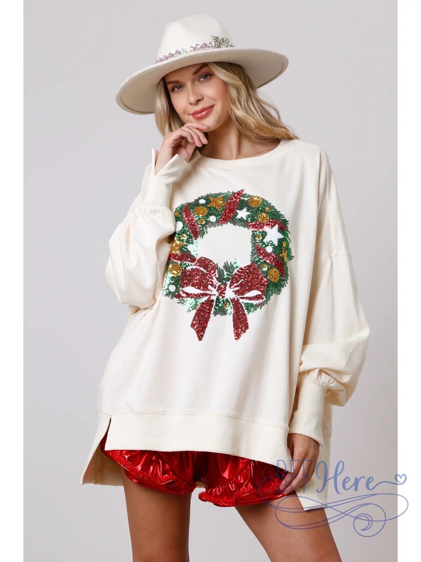 Festive Sparkle Sequin Christmas Wreath Sweatshirt / Choice of Color (Pink Ships Beginning of November) - BFF Here