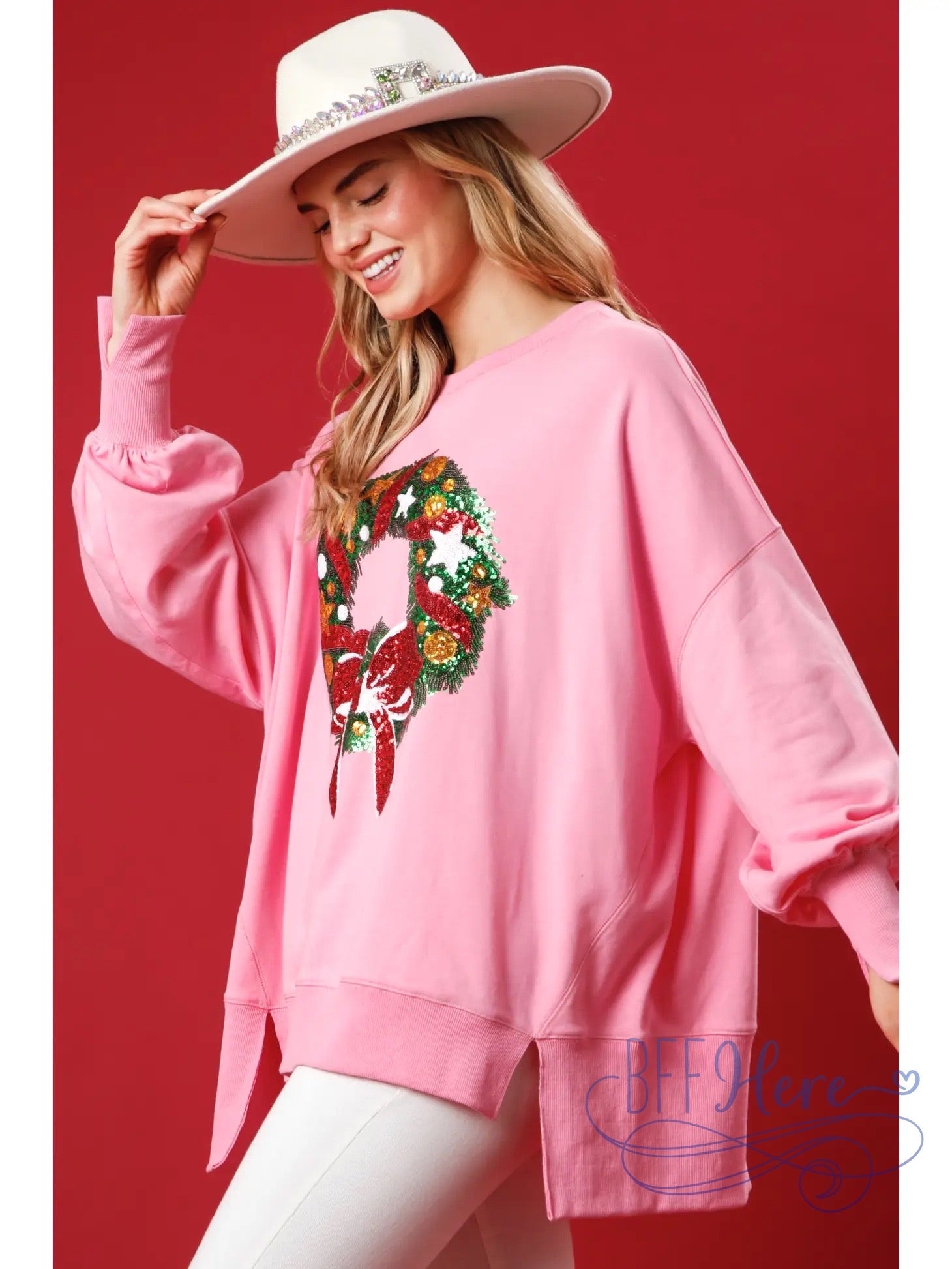 Festive Sparkle Sequin Christmas Wreath Sweatshirt / Choice of Color (Pink Ships Beginning of November) - BFF Here