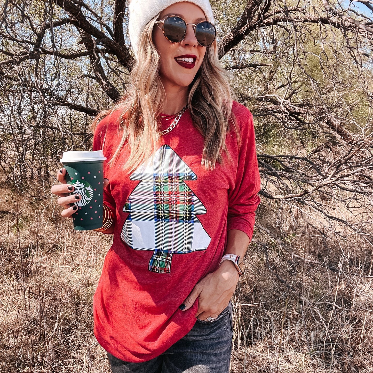 Yuletide Tartan: Cozy Plaid Christmas Tree Long Sleeve Tee - BFF Here