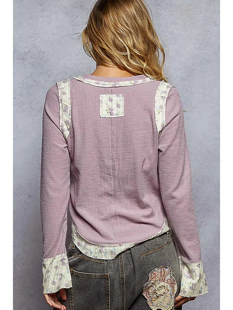 Long Sleeve V Neck Print Patch Ruffle Rib Knit Top by POL (Ships 2-3 weeks) - BFF Here