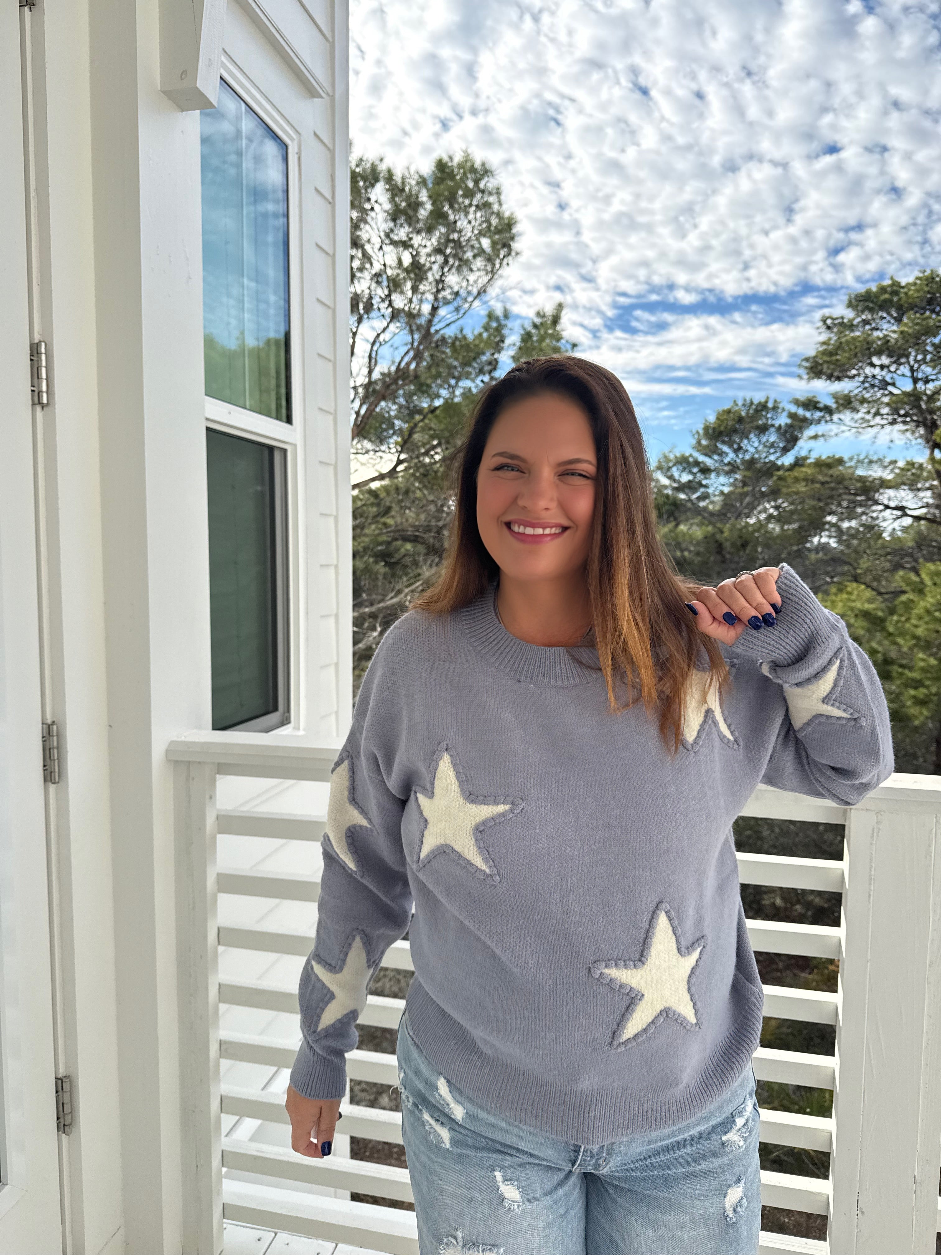 Crew Neck Sweater with Bold Star Print by Sew In Love (Ships 2-3 weeks) - BFF Here