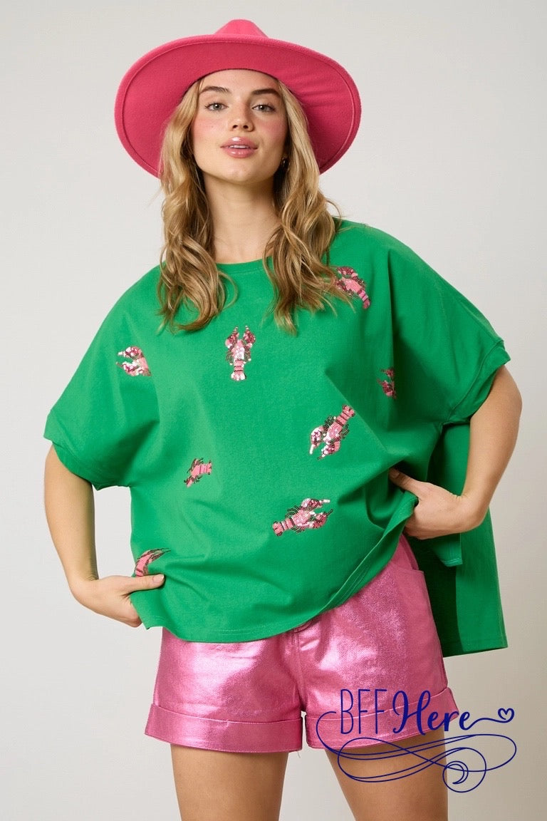 Ocean Glam: Lobster Sequin Patch T-Shirt - BFF Here