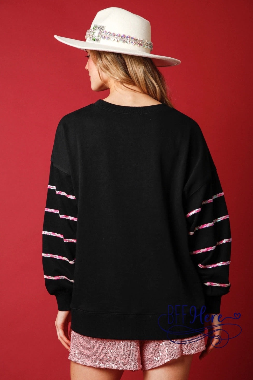 Yuletide Glitter: Striped Sequin Santa Patch Sweatshirt - BFF Here