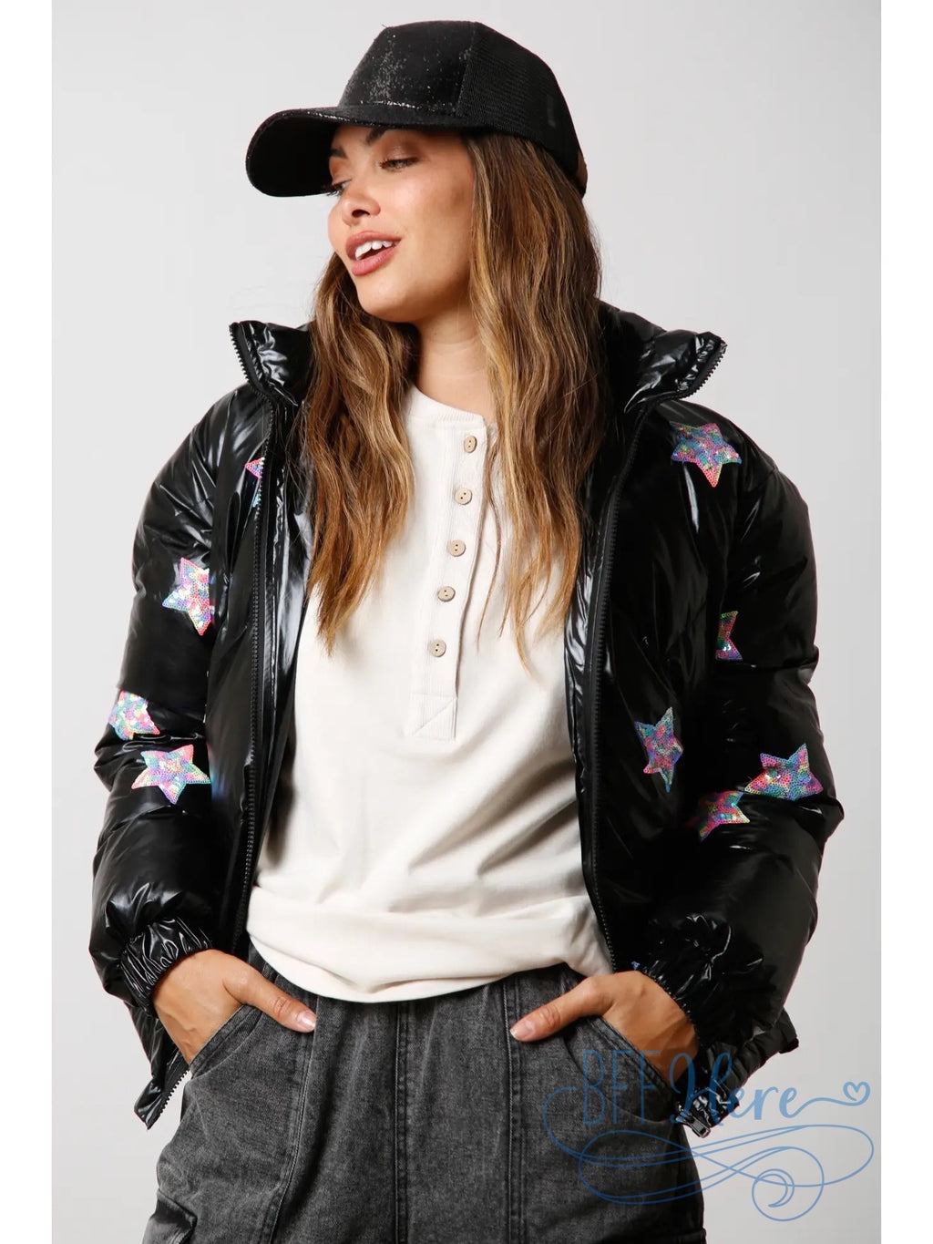 Twinkling Galaxy Sequin Star Puffer Jacket / Choice of Color - BFF Here