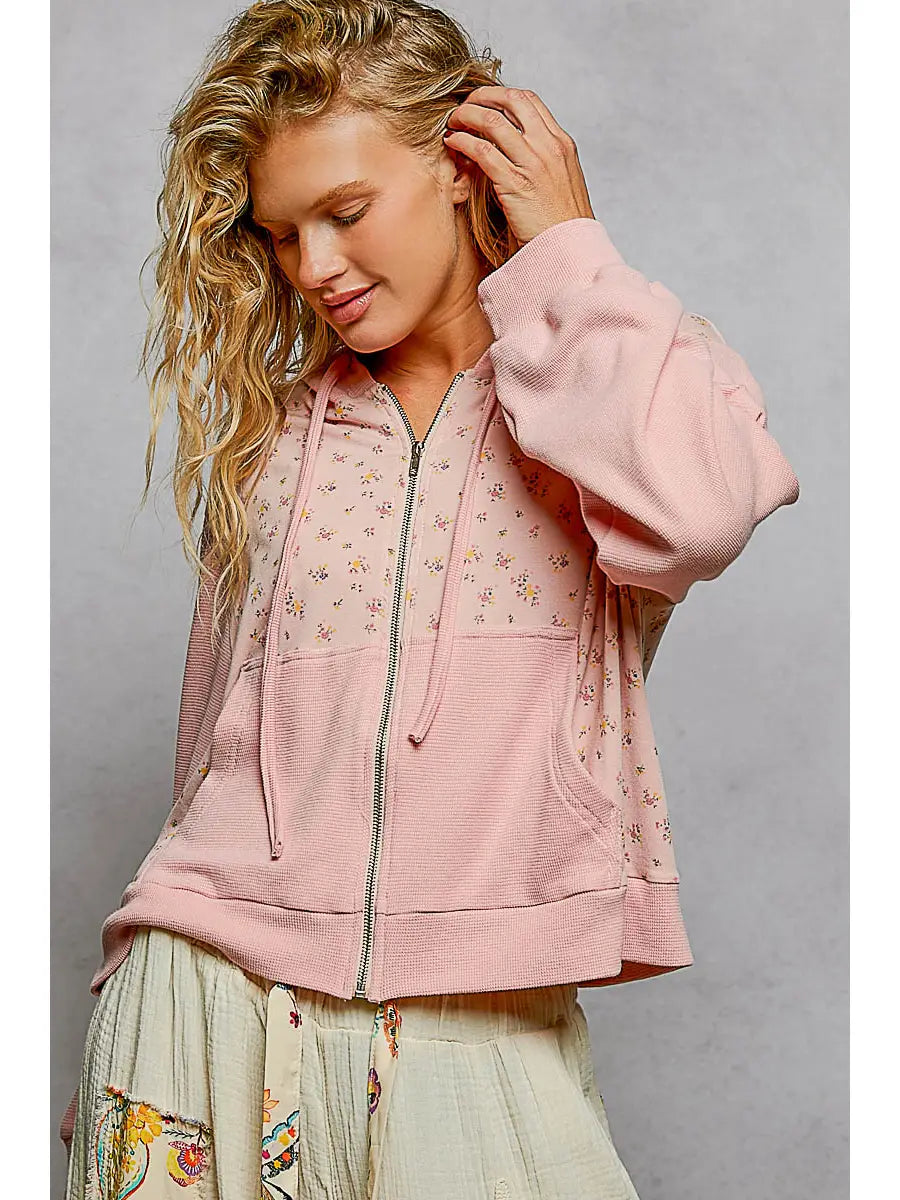 Thermal Contrast Cozy Texture Floral Print Knit Hoodie Top by POL (Ships 2-3 weeks) - BFF Here