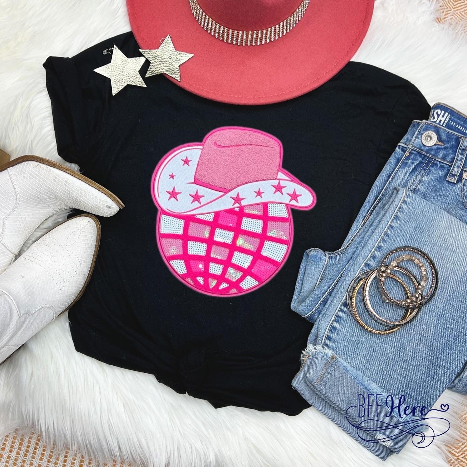 Rodeo Sparkle: Cowboy Hat & Sequin Disco Ball Tee - BFF Here