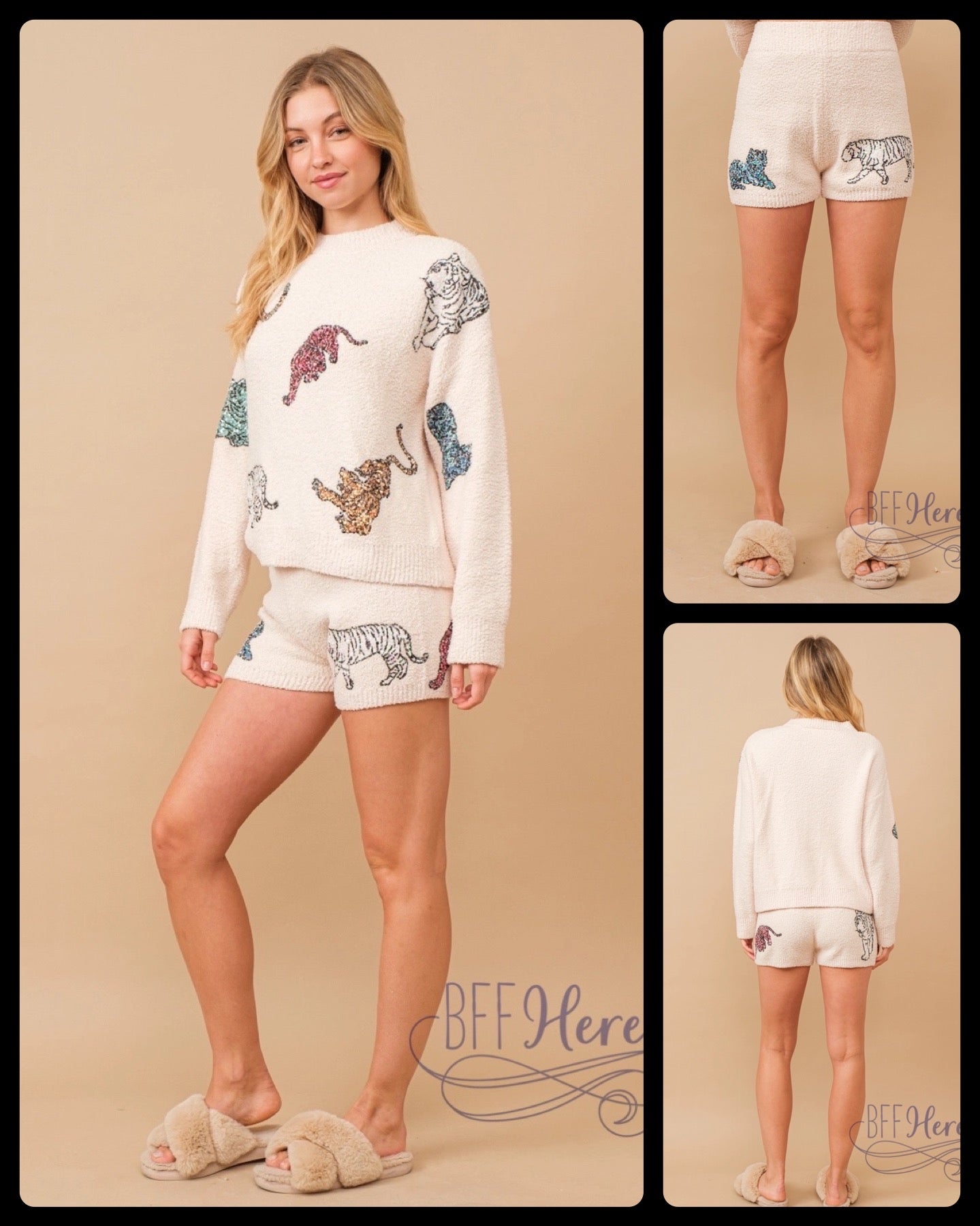 Fierce & Cozy: Multi Tiger Sequin Top with Matching Shorts - BFF Here