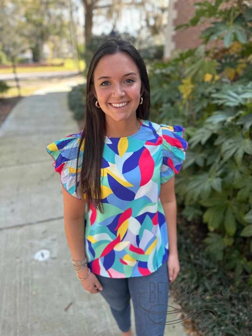 Vivid Splendor: Cheerful Ruffle-Sleeved Statement Blouse - BFF Here