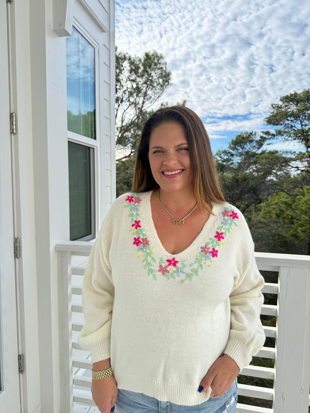 Relaxed Fit V Neck Sweater with Floral Embroidery by Sew In Love (Ships 2-3 weeks) - BFF Here