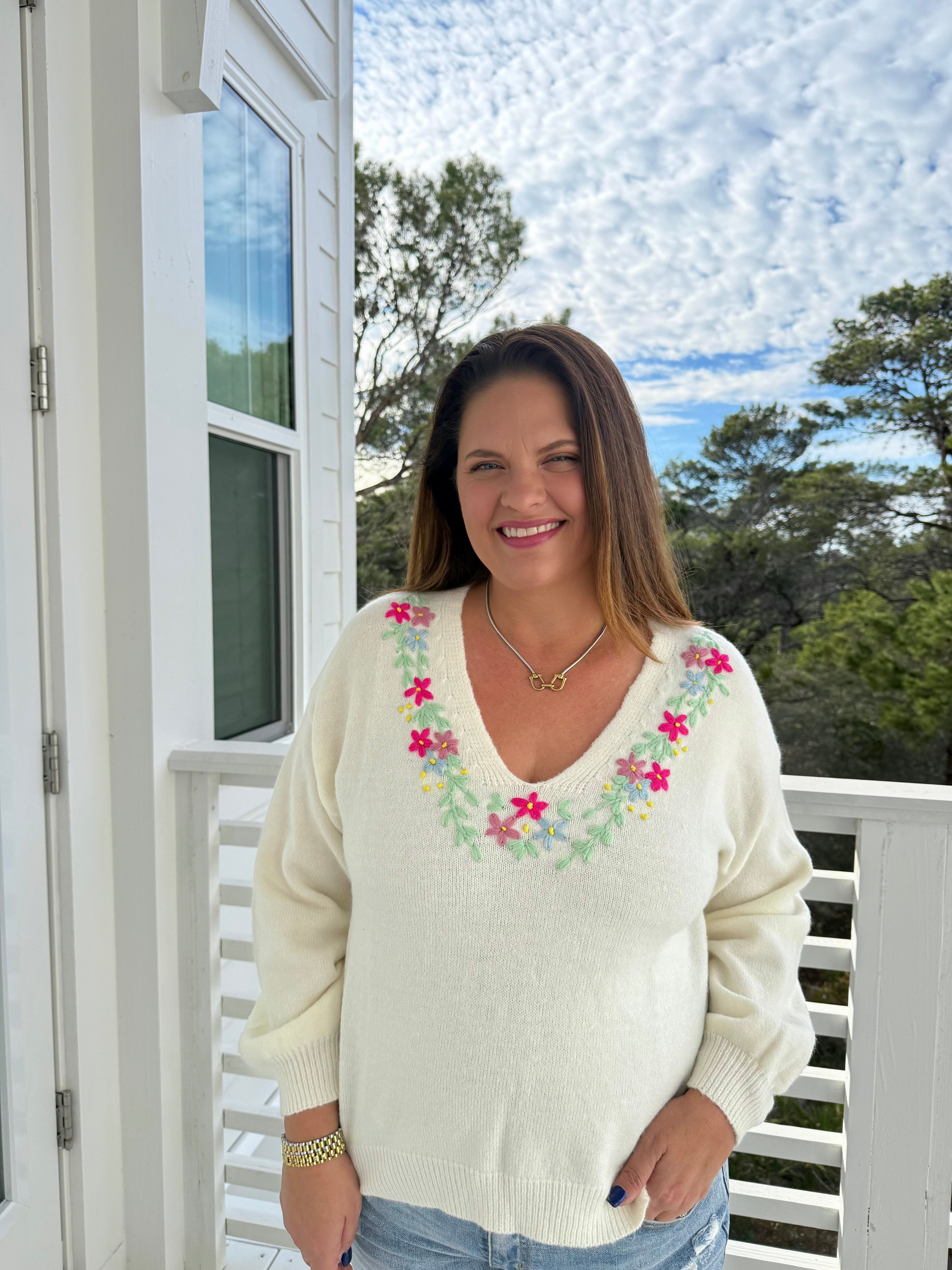 Relaxed Fit V Neck Sweater with Floral Embroidery by Sew In Love (Ships 2-3 weeks) - BFF Here