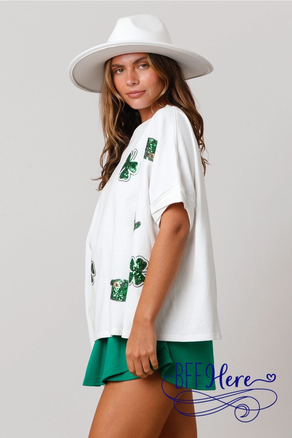 Shamrock Spark: St. Patrick's Sequin Clover Patch Tee - BFF Here