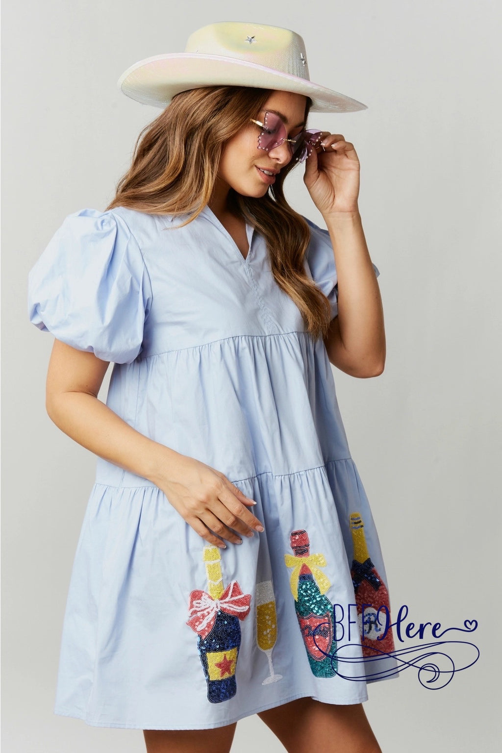 Bubbly Elegance: Champagne Sequin Patch Babydoll Mini Dress - BFF Here