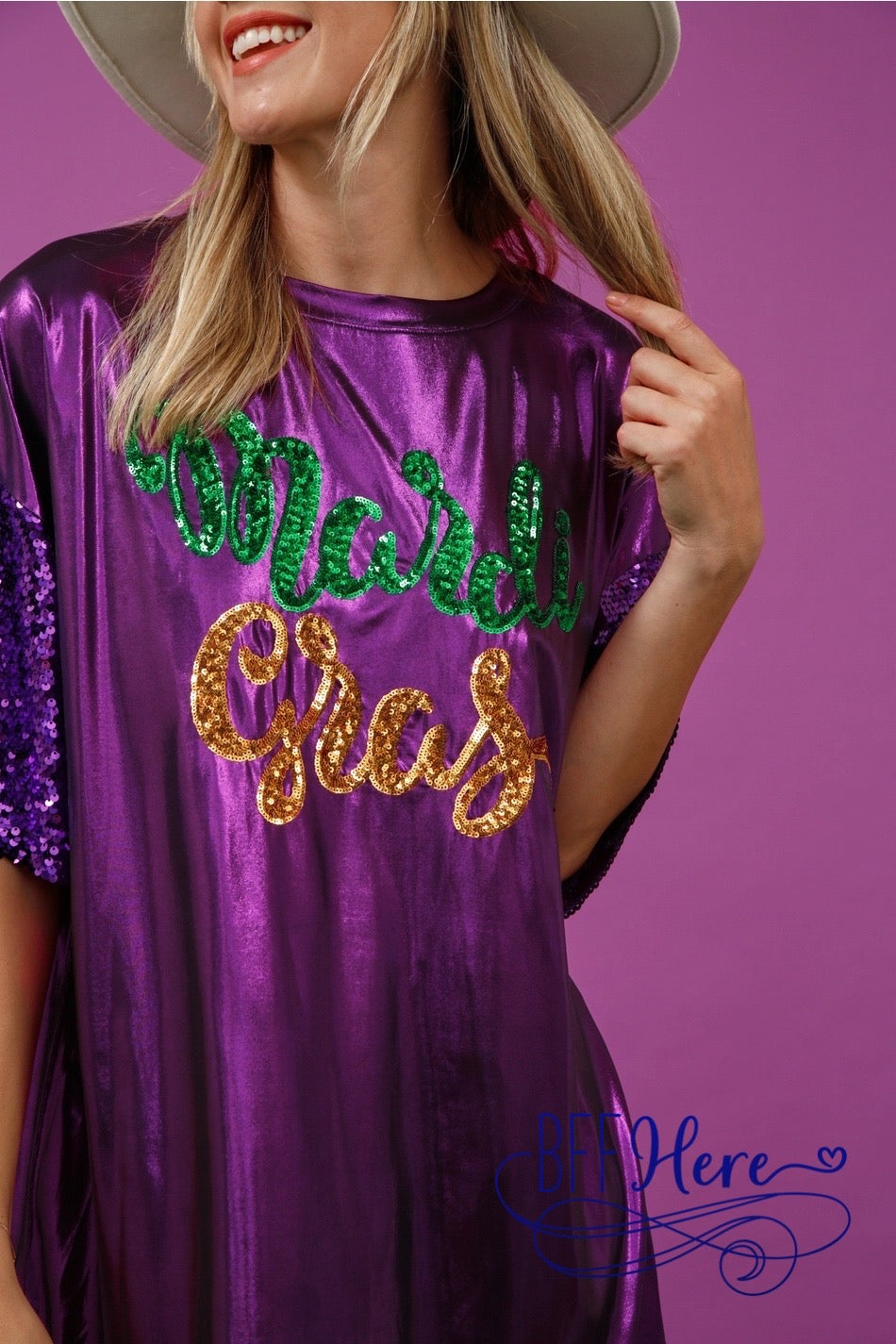 Glitz & Gras: Sequin Foil Mardi Gras Shirt Dress - BFF Here