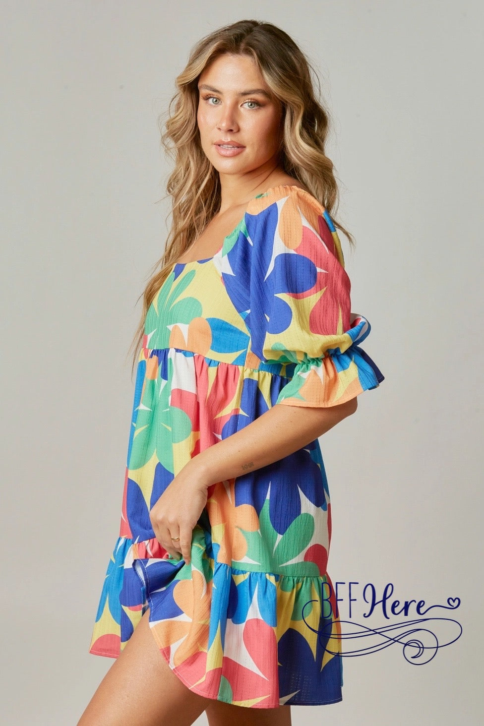 Blooming Spectrum: Multicolor Floral Print Mini Dress - BFF Here