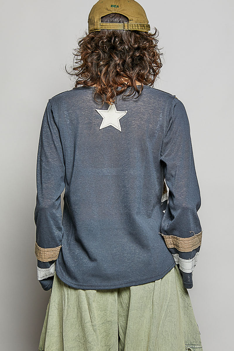 Vintage Washing V-Neck American Flag Patch Long Sleeve Top by POL (Ship time varies) - BFF Here