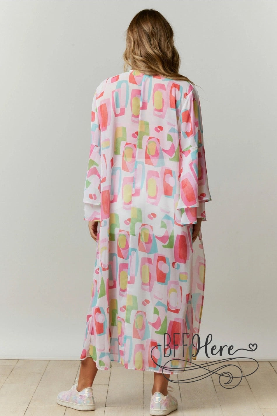 Colorblock Cascade: Multicolor Abstract Squares Kimono - BFF Here