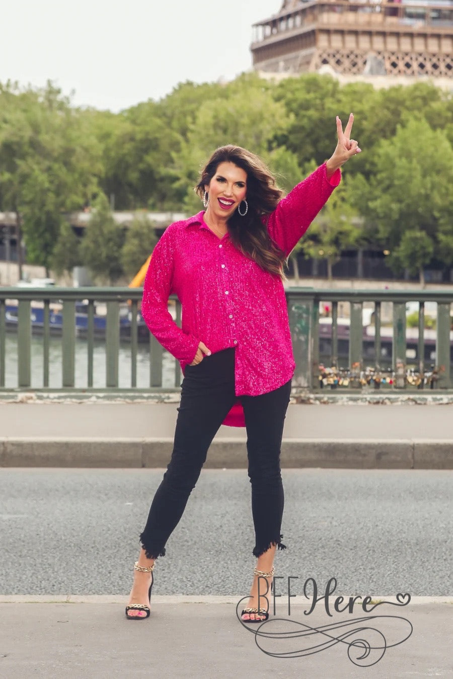 Attention Seeker Sequin Button Up Top — Hot Pink - BFF Here