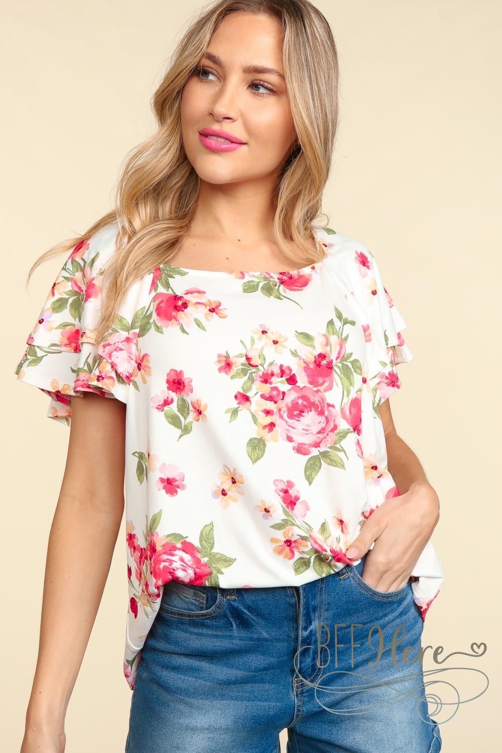 PREORDER: Rose Garden Whisper: Floral Draped Flutter Top (Ships End of May) - BFF Here