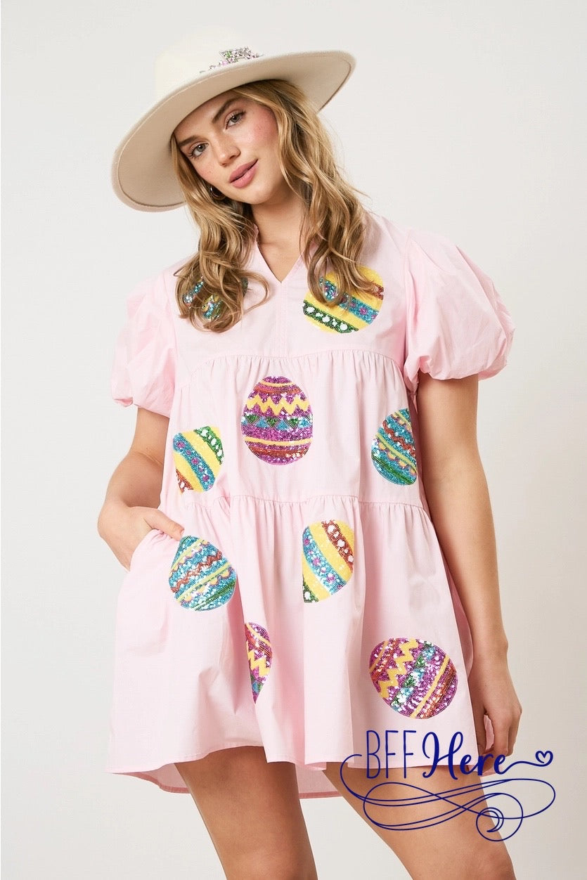 PREORDER: Glittering Egg Hunt: Sequin Easter Poplin Shirt Dress (Ships End of February) - BFF Here