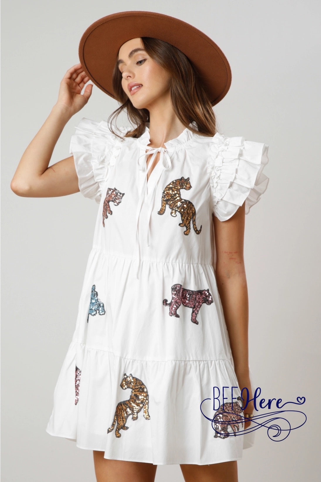 Glittering Jungle: Sequin Tiger Tiered Mini Dress / Choice of Color - BFF Here