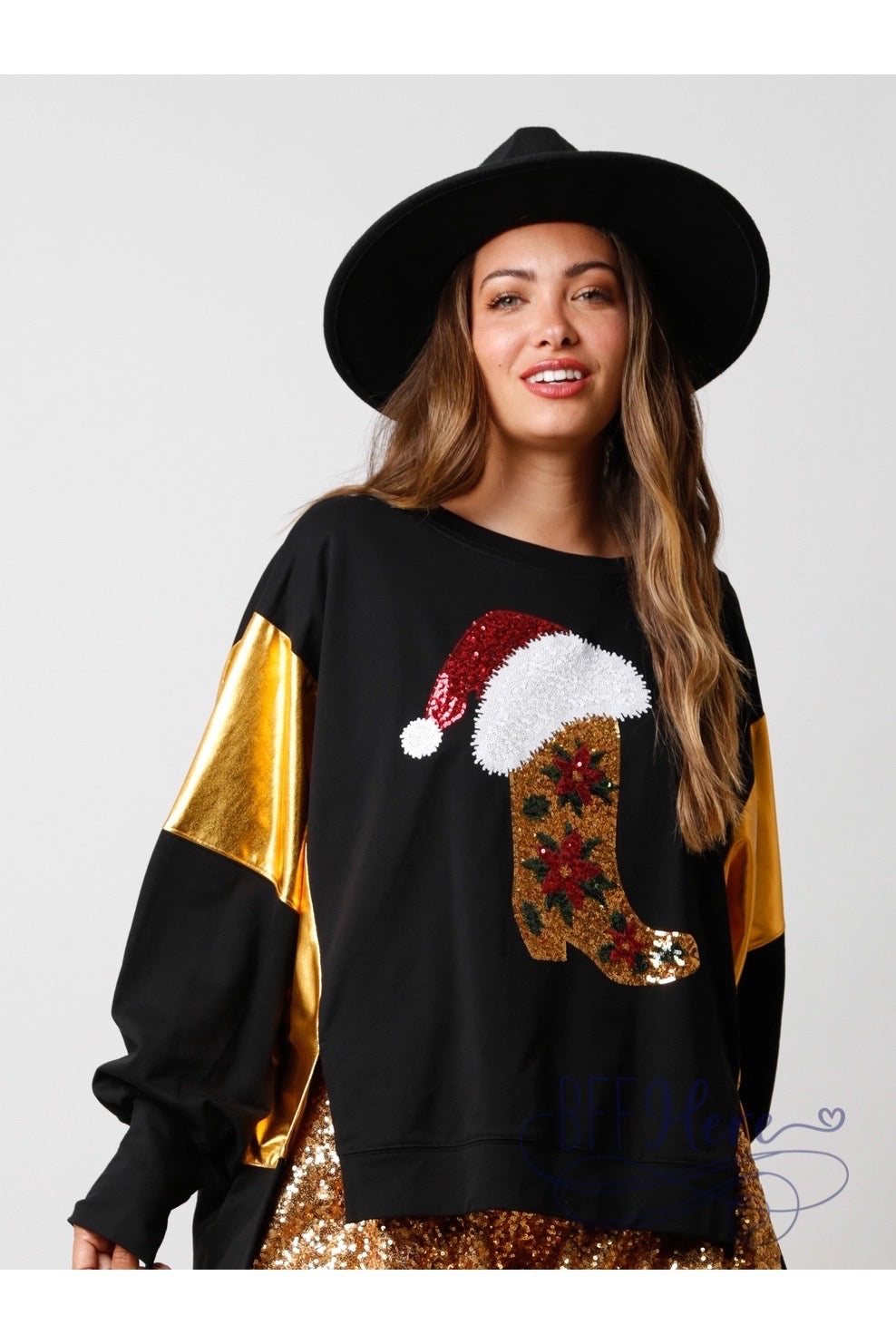 Western Whimsy & Holiday Shine: Color Block Sequin Christmas Boot Sweatshirt - BFF Here