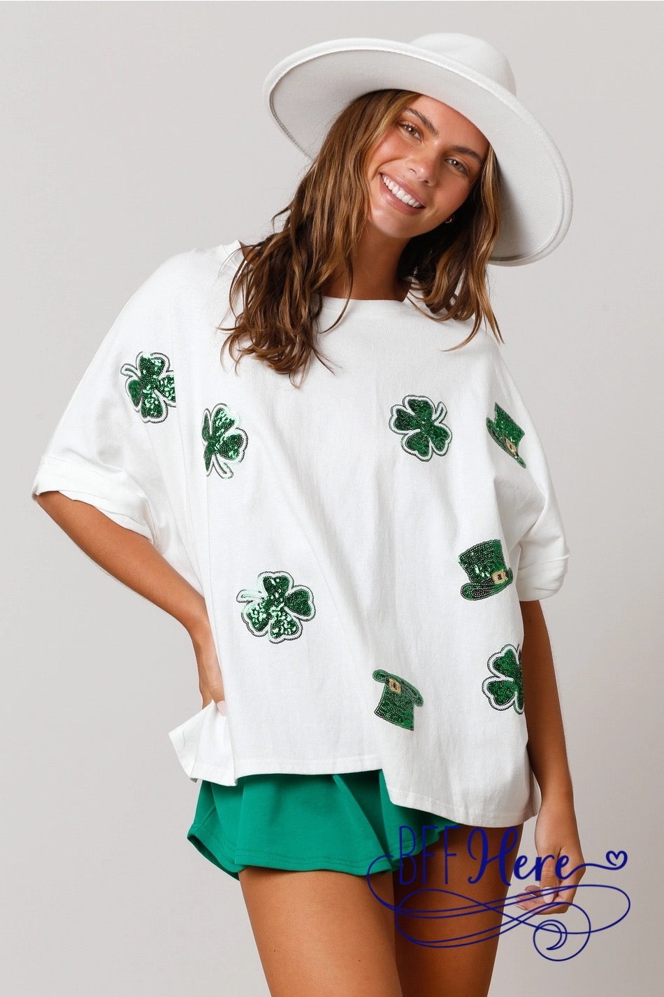 Shamrock Spark: St. Patrick's Sequin Clover Patch Tee - BFF Here